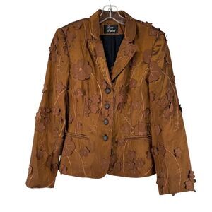 Town And Travel Blazer Brown 3D Floral Shimmer Size M Art To Wear Four Button